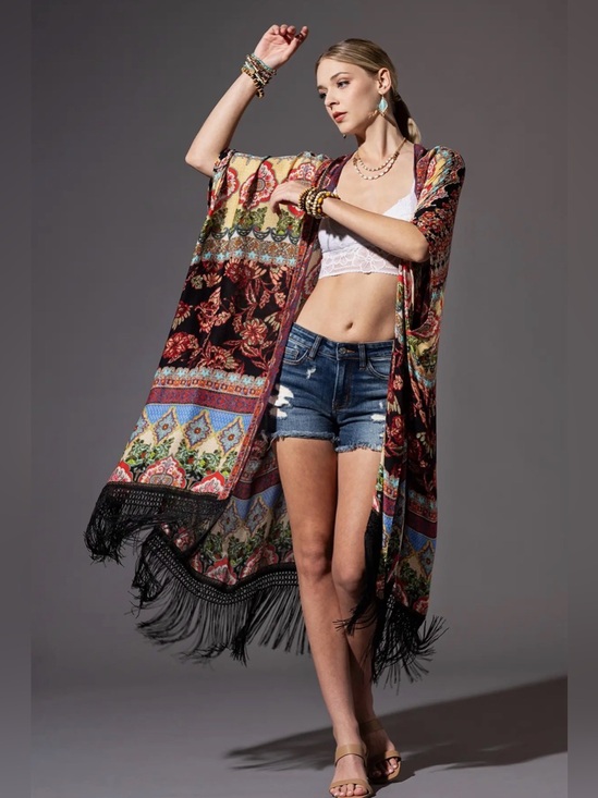 Tops - Marigold Fringe Boho Kimono
